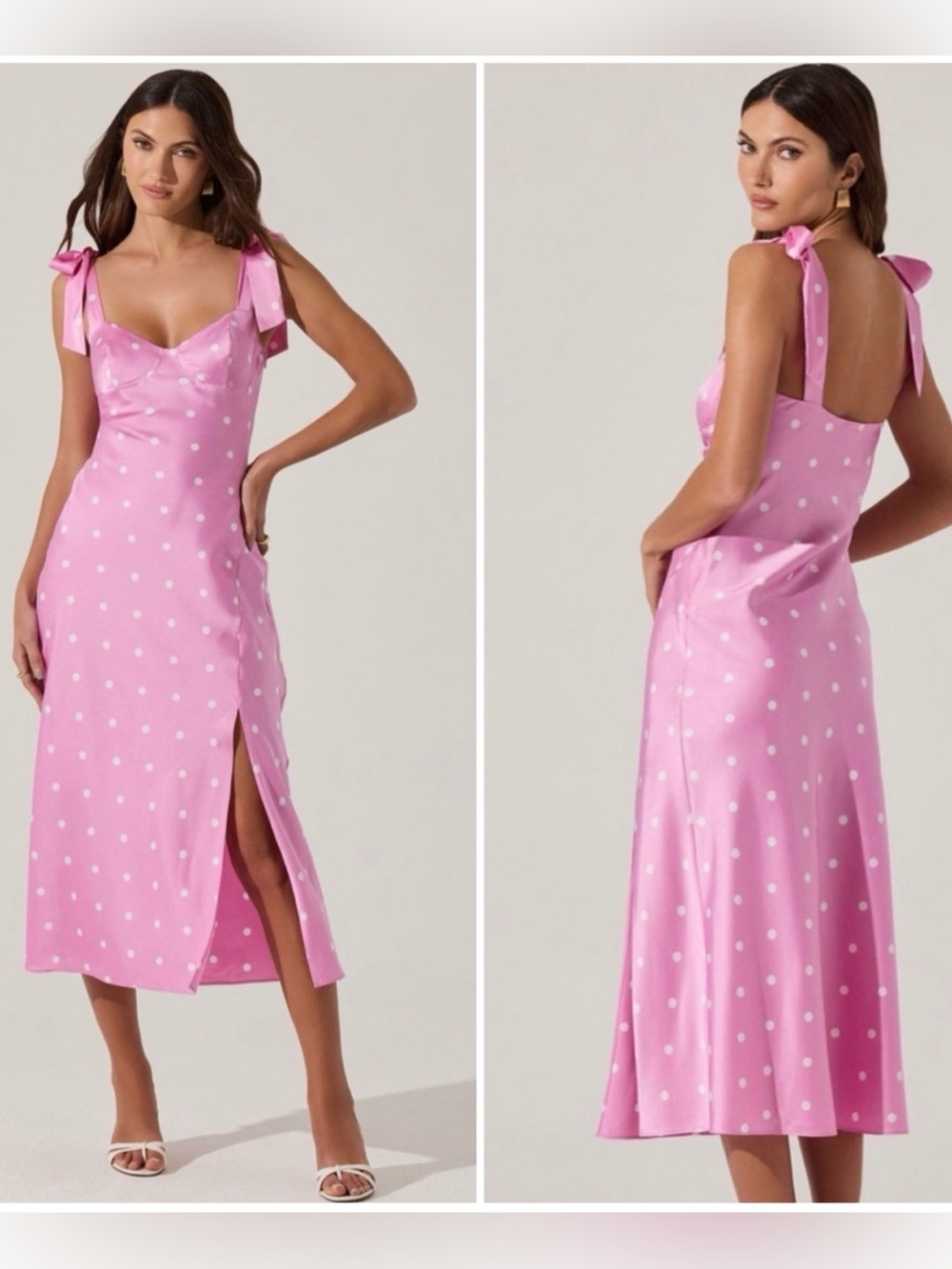NWT ASTR the Label Pink Polka Dot Sweetheart Bow Strap Satin Midi Dress Medium